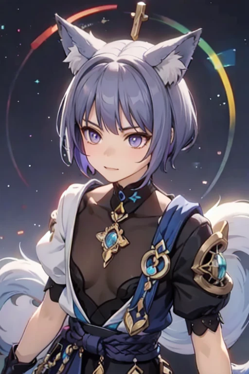 humanoid rainbow fox with crystal crown, light purple hair, fox ears, fox tails, and rainbow aura