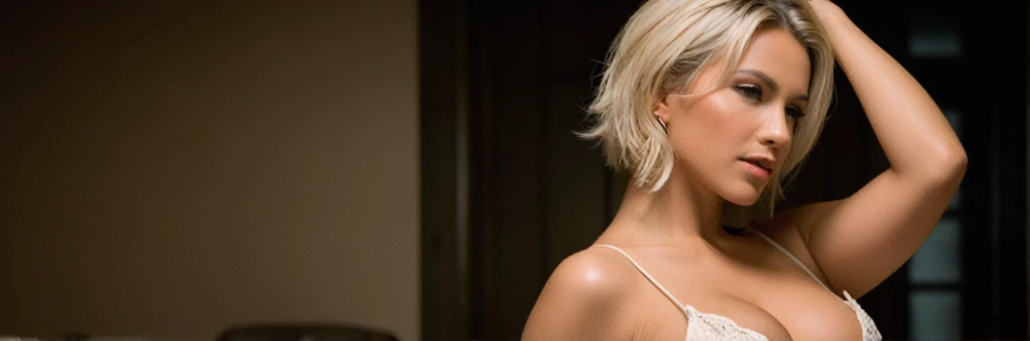 a close up of a woman in a sheer top and stockings, a screenshot by Adam Rex, tumblr, tachisme, very  outfit,  outfit, revealing outfit,  look, revealing clothes,  body, crawling see through,  hot body, touching her clothes,  look at the camera, intriguing outfit, see - through, shy girl, hair covering her eyes, side view, viewed from the side, hands shackled above her head, long shot, long body shot, full length picture, Louboutin, perfect bottom, heels, high heels, hands bound above her head, hands tied together, bashful pose, hands on her head, hands in her hair, candid pose, candid picture, faint smile, looking towards the floor, head bent forward, looking away from camera, portrait, very  pose, ready to be , inviting pose, inviting for ,  pose, very attractive, breathless pose,  face, dreamy scene, firmly holding her , hands on her , pushing her  together, backlighted, back lit, curvy accentuated booty, cleavage enhancing , very , deep cleavage, flirty pose, sensual pose,  pose, confrontation pose, (messy bob hairstyle, white blond hair color), messy hairstyle, messy bob, messy hairstyle, white blond, 5 foot 3 inches tall, 110 pounds in weight, 34G , large firm round , very , cleavage, photorealistic, 4K, 8K, UHD