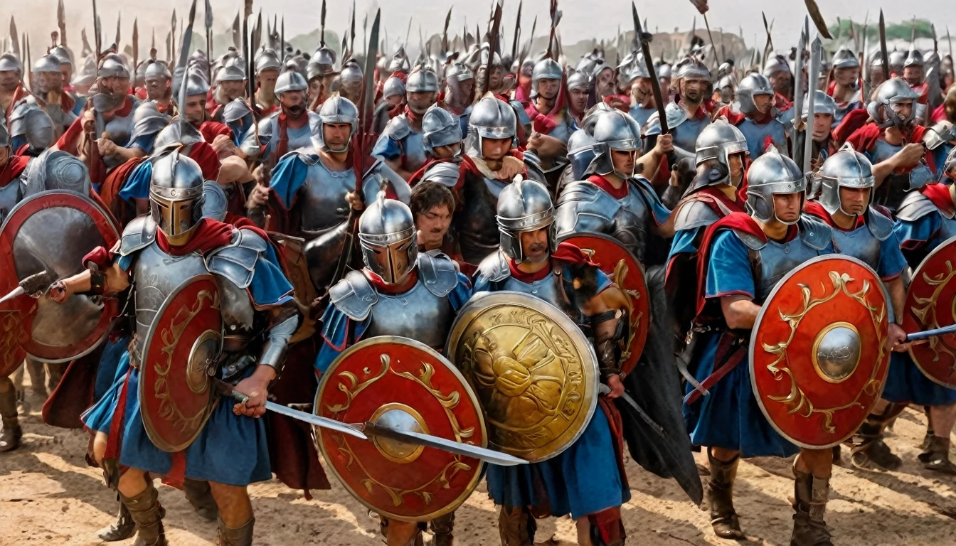 A cinematic photo of a Roman civil war, with legions of ancient Rome clashing in battle. Soldiers wield rectangular shields adorned with intricate emblems of the Roman Empire. They brandish beautiful swords and carry red and blue togas. The men are strong and handsome, with faces full of determination. They wear shiny metal helmets and armor made of black leather and metals. The background is a dusty battlefield, with the sun casting a warm, golden light on the scene, highlighting the intensity of the conflict., photo, cinematic