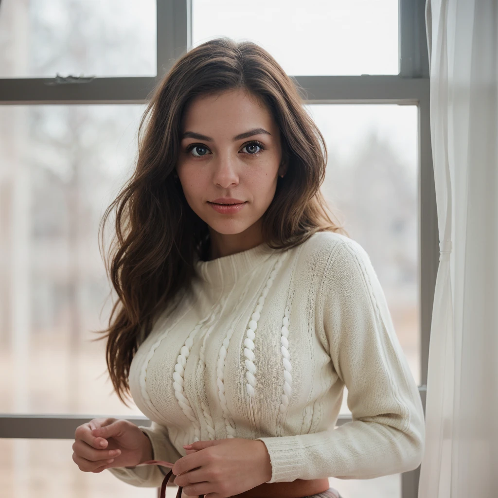 A stunning portrait to the waist of a busty blonde model, radiant in her coral angora sweater. The camera captures her athletic figure against a blurred cosy backdrop, achieved through a wide-aperture setting (f/2.2) and low ISO (100). A moderate shutter speed (1/125s) ensures sharpness while the Auto White Balance renders accurate colors. Shooting in RAW format allows for easy white balance adjustments later. The focus point is precisely placed on her closest eye, ensuring crisp details. Natural light from the window illuminates one side of her body, creating soft shadows on the other. A reflector or white surface opposite the window bounces light back onto her face, reducing harsh shadows. Exposure compensation adjusts for strong window light, maintaining detail and balance. A 70mm prime lens captures a flattering portrait perspective with good background separation.