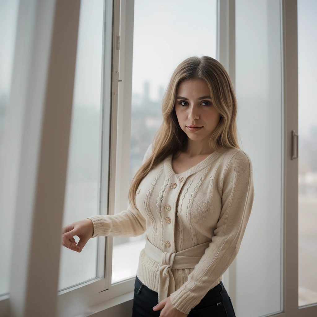 A stunning portrait to the waist of a busty blonde model, radiant in her coral angora sweater. The camera captures her athletic figure against a blurred cosy backdrop, achieved through a wide-aperture setting (f/2.2) and low ISO (100). A moderate shutter speed (1/125s) ensures sharpness while the Auto White Balance renders accurate colors. Shooting in RAW format allows for easy white balance adjustments later. The focus point is precisely placed on her closest eye, ensuring crisp details. Natural light from the window illuminates one side of her body, creating soft shadows on the other. A reflector or white surface opposite the window bounces light back onto her face, reducing harsh shadows. Exposure compensation adjusts for strong window light, maintaining detail and balance. A 70mm prime lens captures a flattering portrait perspective with good background separation.
