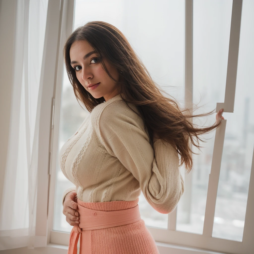 A stunning portrait to the waist of a busty blonde model, radiant in her coral angora sweater. The camera captures her athletic figure against a blurred cosy backdrop, achieved through a wide-aperture setting (f/2.2) and low ISO (100). A moderate shutter speed (1/125s) ensures sharpness while the Auto White Balance renders accurate colors. Shooting in RAW format allows for easy white balance adjustments later. The focus point is precisely placed on her closest eye, ensuring crisp details. Natural light from the window illuminates one side of her body, creating soft shadows on the other. A reflector or white surface opposite the window bounces light back onto her face, reducing harsh shadows. Exposure compensation adjusts for strong window light, maintaining detail and balance. A 70mm prime lens captures a flattering portrait perspective with good background separation.