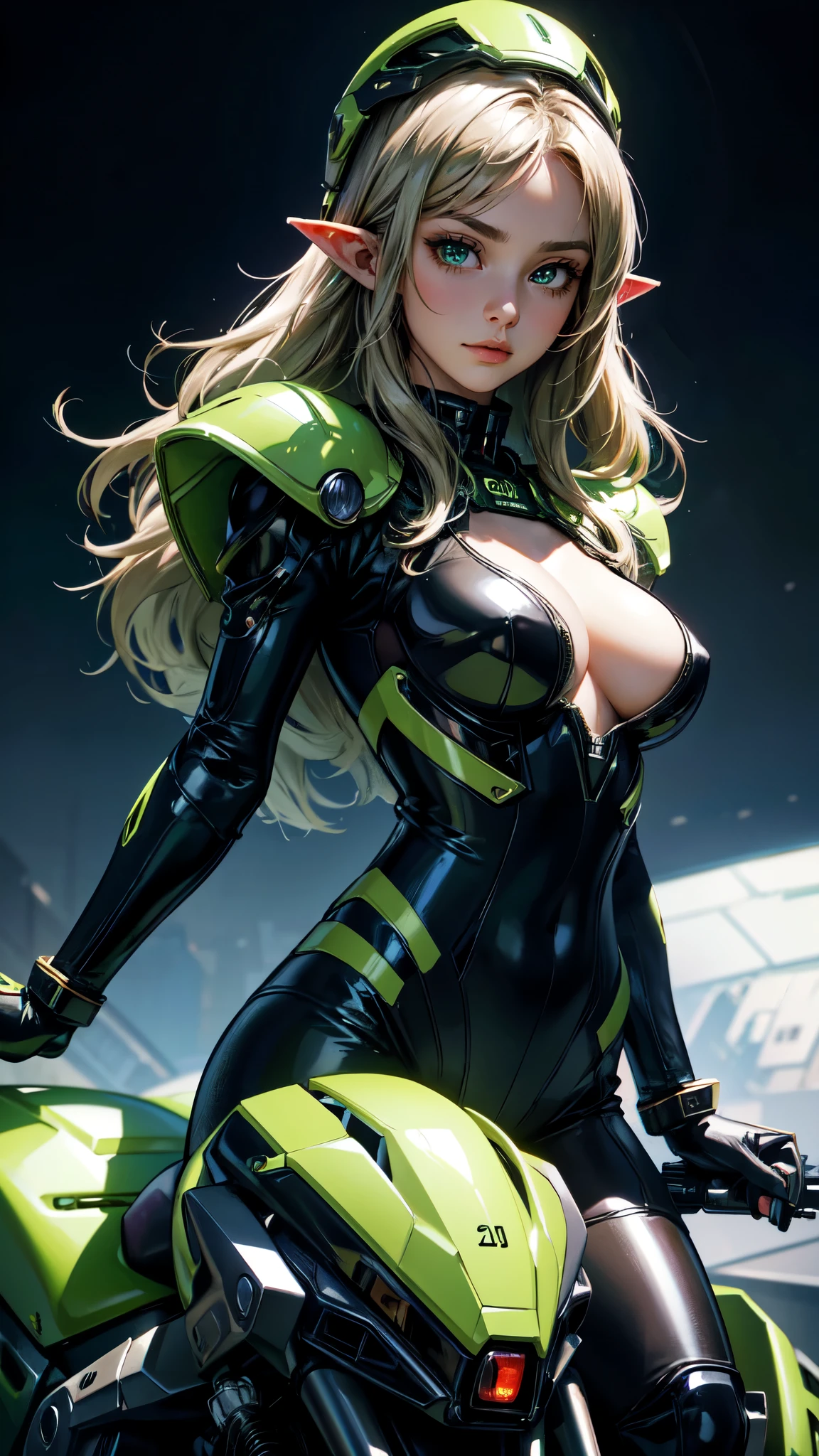 Highest image quality, outstanding details, ultra-high resolution, (realism: 1.4), the best illustration, favor details, highly condensed 1girl, with a delicate and beautiful face, dressed in a black and green mecha, wearing a mecha helmet, holding a directional controller, riding on a motorcycle, the background is a high-tech lighting scene of the future city.detailed eyes, detailed hands, detailed face, elf girl
