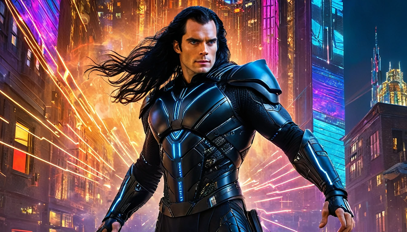 A strong man with the face of Henry Cavill, long black hair, wearing black cyber armor with light circuits. His hair is blowing in the wind and in the background is a tall building captured from an aerial perspective at night, with colorful doors in each window. Each door has a different vibrant color, creating a striking contrast against the dark background. The building's normal lighting softly illuminates the details of each door. The image was taken in the style of a Canon EOS R5 with f/2 lens, wide angle view capturing the entire facade of the building. This results in a high-resolution, hyperrealistic and detailed image.