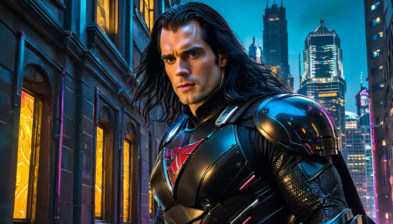 A strong man with the face of Henry Cavill, long black hair, wearing black cyber armor with light circuits. His hair is blowing in the wind and in the background is a tall building captured from an aerial perspective at night, with colorful doors in each window. Each door has a different vibrant color, creating a striking contrast against the dark background. The building's normal lighting softly illuminates the details of each door. The image was taken in the style of a Canon EOS R5 with f/2 lens, wide angle view capturing the entire facade of the building. This results in a high-resolution, hyperrealistic and detailed image.