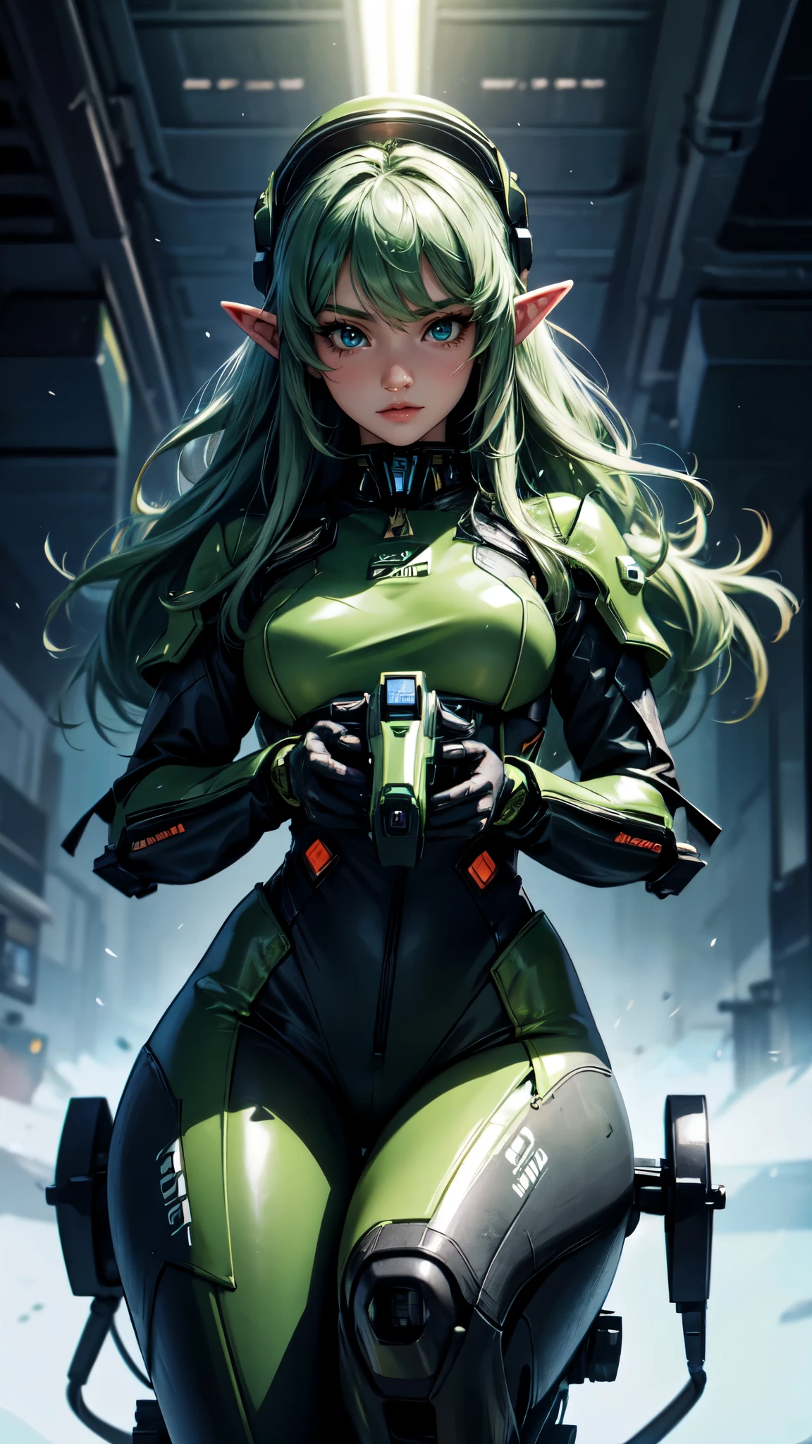Highest image quality, outstanding details, ultra-high resolution, (realism: 1.4), the best illustration, favor details, highly condensed 1girl, with a delicate and beautiful face, dressed in a black and green mecha, wearing a mecha helmet, holding a directional controller, riding on a motorcycle, the background is a high-tech lighting scene of the future city.detailed eyes, detailed hands, detailed face, elf girl
