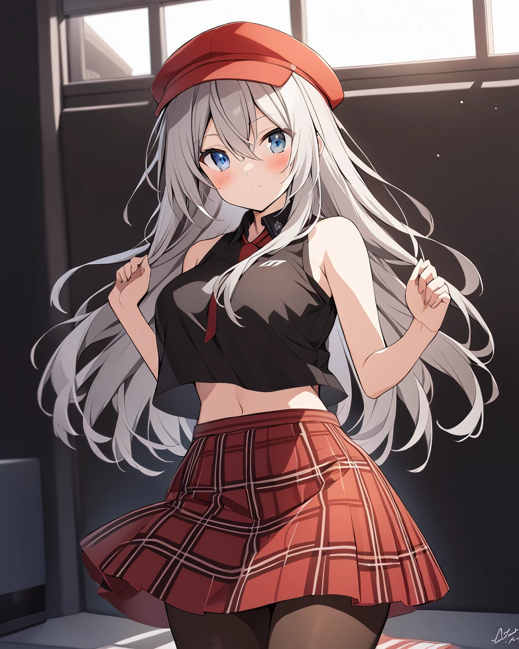 score_9, score_8_up, score_7_up,
1girl, alisa ilinichina amiella, solo,grey hair,long hair,blue eyes,hair between eyes, pantyhose,underboob,bare shoulders,black crop top,red headwear,red plaid skirt,