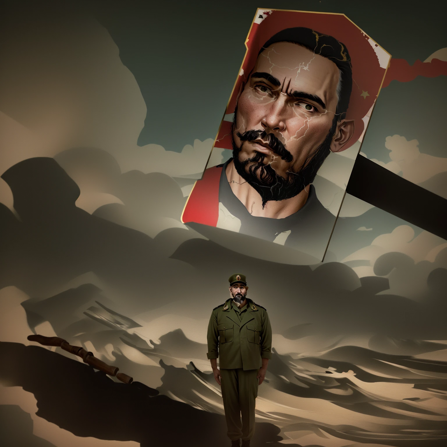 there is fidel castro standing on the island of cuba with a giant hammer with the image of josé martí