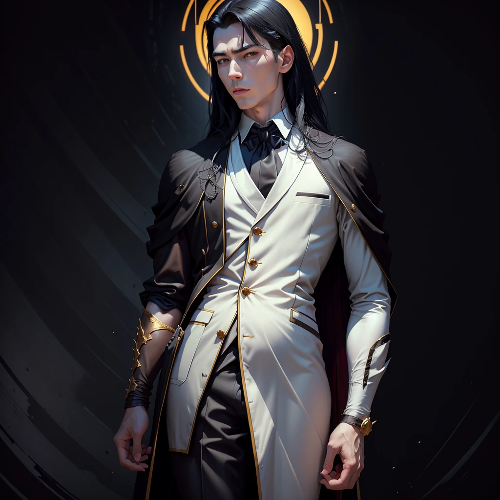 Renaissance, plano general, medium shot, male, Vampire, elegant white silk suit, wide, pale skin, black fur, muscle, strong, golden details, Transparent