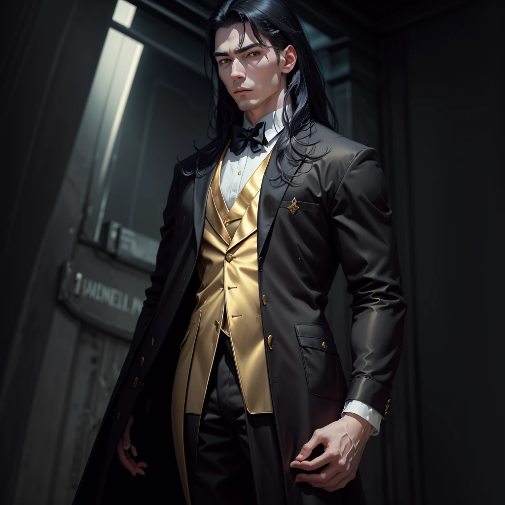 Renaissance, plano general, medium shot, male, Vampire, elegant white silk suit, wide, pale skin, black fur, muscle, strong, golden details, Transparent