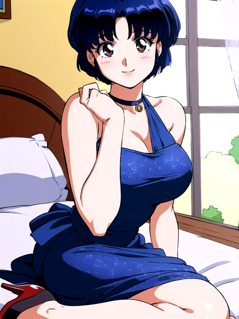 HDR, CG, sharp focus, (8k), (4k), masterpiece, best quality, detailed skin, extremely detailed, hiper detailed, sharp focus, looking at viewer, high quality, AKANE, Akane tendou, short hair, blue hair, brown eyes ,curtain pelvic DRESS, tetas grandes, bLush, solo, 1girl, lying on bed, hotel background, hands on chest, heels, black dress, smile,  
