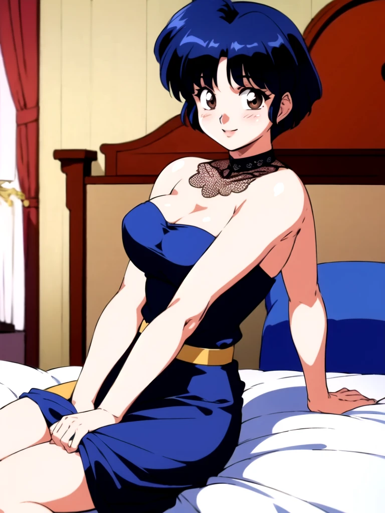 HDR, CG, sharp focus, (8k), (4k), masterpiece, best quality, detailed skin, extremely detailed, hiper detailed, sharp focus, looking at viewer, high quality, AKANE, Akane tendou, short hair, blue hair, brown eyes ,curtain pelvic DRESS, tetas grandes, bLush, solo, 1girl, lying on bed, hotel background, hands on chest, heels, black dress, smile,  