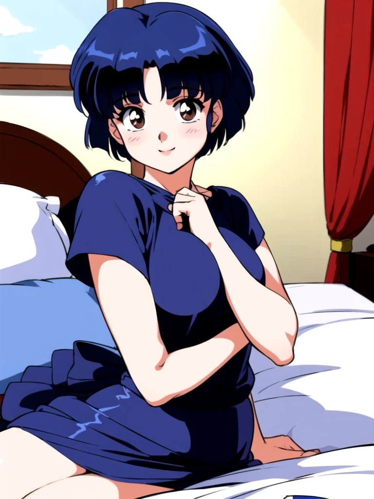 HDR, CG, sharp focus, (8k), (4k), masterpiece, best quality, detailed skin, extremely detailed, hiper detailed, sharp focus, looking at viewer, high quality, AKANE, Akane tendou, short hair, blue hair, brown eyes ,curtain pelvic DRESS, tetas grandes, bLush, solo, 1girl, lying on bed, hotel background, hands on chest, heels, black dress, smile,