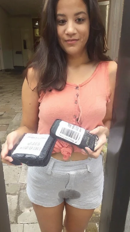 arafed woman holding two cell phones with a barcode on them, leaked image, leaked photo, very coherent image, very tiny, by Gina Pellón, candid photo, delivering parsel box, help me, by david rubín, unusually unique beauty, very accurate photo, unopened, leaked, viral photo, with black, barcode, peeing her pants.
