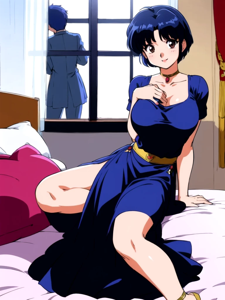 HDR, CG, sharp focus, (8k), (4k), masterpiece, best quality, detailed skin, extremely detailed, hiper detailed, sharp focus, looking at viewer, high quality, AKANE, Akane tendou, short hair, blue hair, brown eyes ,curtain pelvic DRESS, tetas grandes, bLush, solo, 1girl, lying on bed, hotel background, hands on chest, heels, black dress, smile,