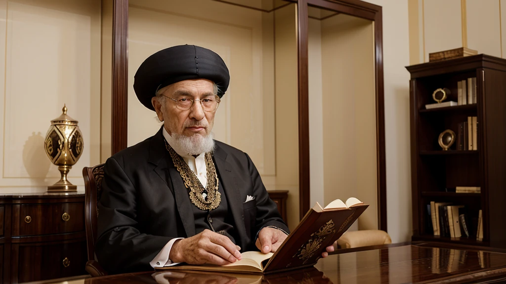 An elderly man in traditional Jewish attire sits at a table with a large, luxurious book on top, in a lavish room with a grand bookshelf in the background. This portrait captures the man's dignified appearance, showcasing his refined clothing and the elegant surroundings. The lush colors and intricate details of the scene are rendered with impeccable skill, creating a rich and immersive visual experience that exudes sophistication and cultural richness.