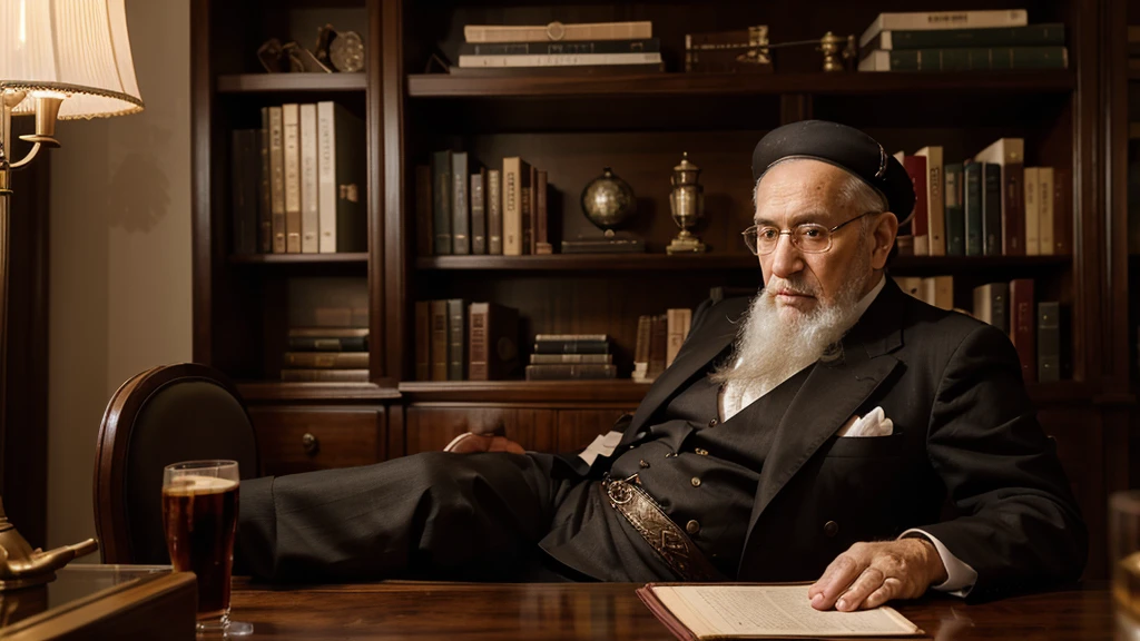 An elderly man in traditional Jewish attire sits at a table with a large, luxurious book on top, in a lavish room with a grand bookshelf in the background. This portrait captures the man's dignified appearance, showcasing his refined clothing and the elegant surroundings. The lush colors and intricate details of the scene are rendered with impeccable skill, creating a rich and immersive visual experience that exudes sophistication and cultural richness.