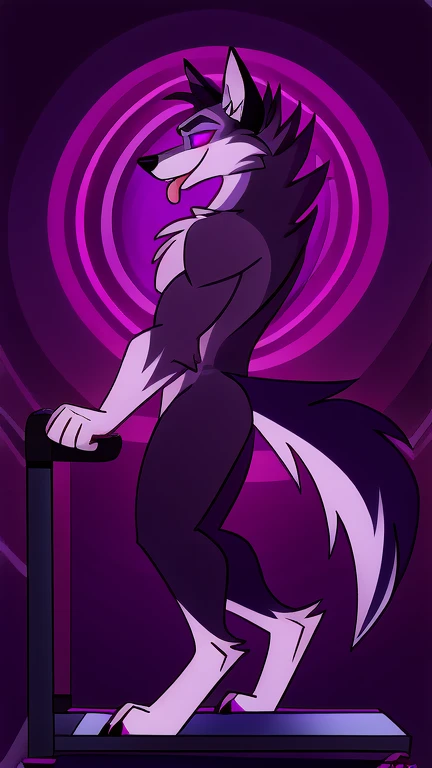 (masterpiece, best quality:1.2), Vortex hellhound, wolf, furry, helluva boss, hypnotized with completely spyral glowing purple eyes with no irises or pupils,tongue out, walking on a treadmill with arms extended in front like as if trying to reach something, full body image, profile picture