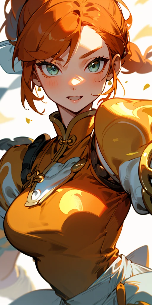 1 girl、one person、skinny body shape、orange clothes、orange hair、ponytail、beautiful green eyes、intense joy on the face、white uniform with golden decorations、upper body close-up, style of Chun-li clothes