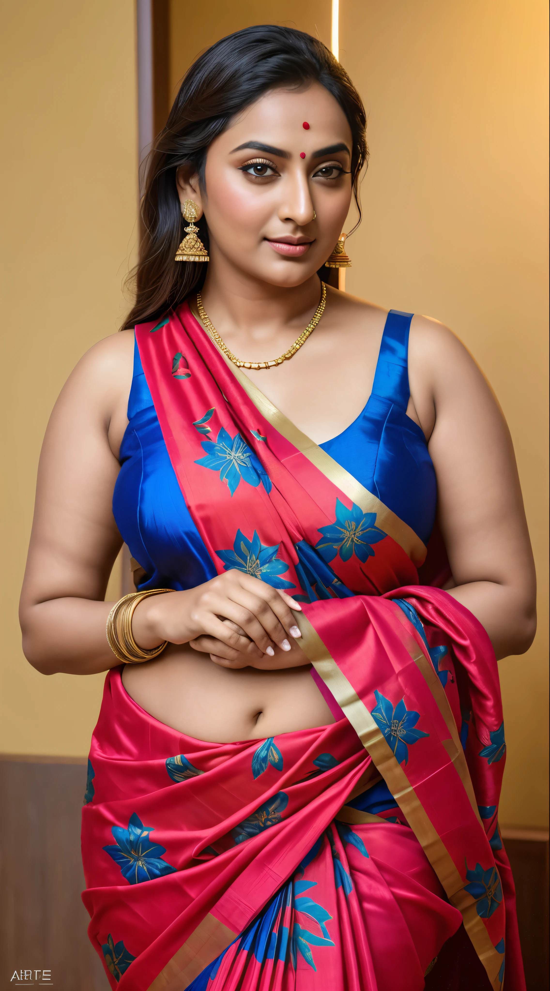 Foto RAW, photorealistic, photography, full body shot, master shot, perfect eyes, goddess like beauty, pierced eyes, perfect thick chubby mallu Desi aunty bhabhi, Wearing a Stanapatta, a chest-band.Saree model, model Photography, Indian saree shoot, Indian traditional wear advertising photography, traditional wear brand shoot, face of Indian actress Sonakshi Sinha, masterpiece, realistic, realism, incredible details,  pleasure, photorealism, detailed skin, skin pores, high contrast, photorealistic Artstation 8k HD digital art trend of high definition and detailed realistic skin texture, ultra detail, realistic skin texture, armature, best quality, ultra high definition, (photorealistic:1.4),, high resolution, detail, raw photo, sweat, Re sharp, by Lee Jefferies Nikon D850 Film Stock Photo 4 Kodak Portra 400 Camera F1.6 Lens Rich Color Ultra Real Realistic Realistic Textures Dramatic Lighting Unreal Engine Trending at Art Station Cinestill 800,(pele altamente detalhada: 1.2), 8k UHD, DSLR, soft-lighting, alta qualidade, grain of film, Fujifilm XT3,she didn't like to wear blouse or bra, she is happy to wear only saree, she hates blouse or bra, detailed hairy armpits, hyper realistic skin, skin pores, sweat, veins, 