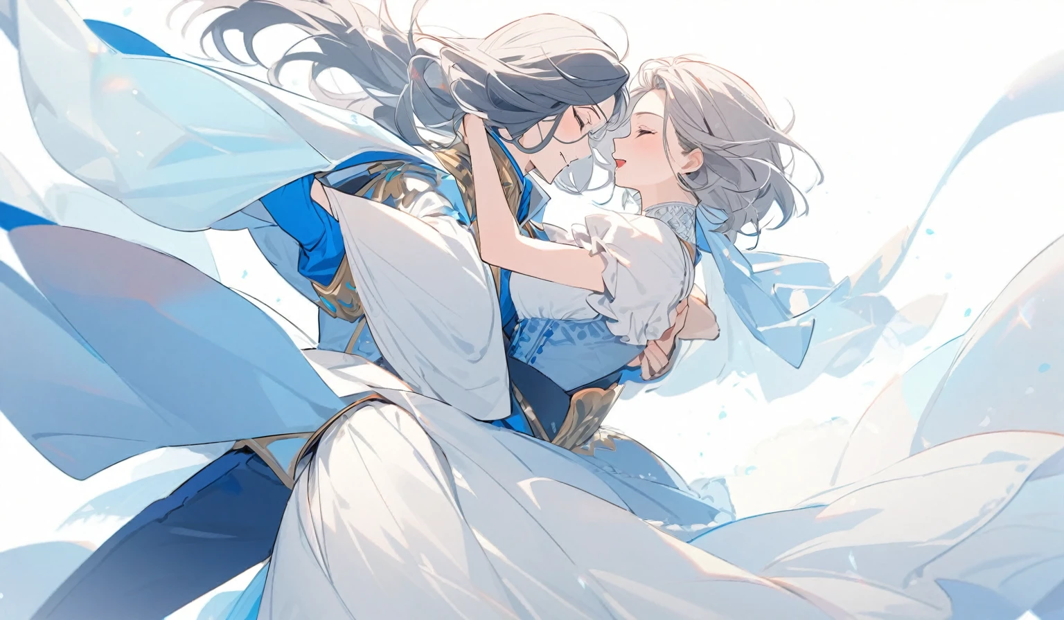 A couple of nobles dancing together , red and blue garments,totally white background