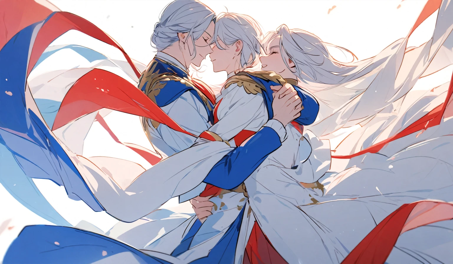 A couple of nobles dancing together , red and blue garments,totally white background 