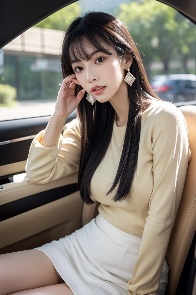Inside the car at the driving school, driving school instructor, ((full body)), ((photo)), ((best qualtiy, 8K, tmasterpiece:1.3)), Focus:1.2, perfect figure beautiful girl:1.4, 1girl, cowboy shot, look at viewer, incredibly absurd, beautiful and cute girl with a photorealistic face, showcasing top-quality craftsmanship, A Japanese woman sitting in the passenger seat of a car at a driving school, 22 years old, has long, shiny, straight black hair, long bangs cut above her eyes as  bangs, large, dark eyes, long eyelashes, cat-like eyes with slightly upturned corners, well-defined eyebrows, double eyelids, straight nose, thin lips but a healthy, natural red color, well-aligned teeth, sharp jawline, fair, clear skin, smooth skin, long limbs, tall, slender, well-balanced proportions, beautiful C-cup breasts, wearing a white blouse with a black tight skirt and a beige jacket over it. The skirt is knee-length, an elegant and chic outfit, a single diamond earring in her left ear, and a slim gold ring on her middle finger on her right hand, a beautiful older woman, beautiful, neat, serious, responsible, kind, April