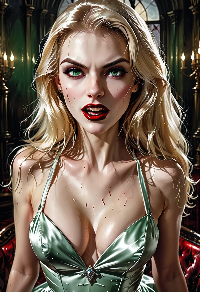 ((a photorealistic glamour shot of an exquisite, glamour female vampire: 1.5)), ultra feminine,  pale face, blond hair, long vibrant shiny hair, glamorous hair, emerald green eyes, deep  eyes, red lips,  lips, ((two visible vampiric fangs: 1.5), drops of blood dripping from the mouth, ((1950's style: 1.5)), she wears white elegant glamour dress, intricate details, the dress is studded with diamonds, tight suit,  dynamic color, high heels, dynamic background,  (highest quality:1.2, Very detailed, up to date, Vibrant, Ultra-high resolution, High Contrast, masterpiece:1.2, highest quality, Best aesthetics), best details, best quality, highres, ultra wide angle, 16k, [ultra detailed], masterpiece, best quality, (extremely detailed), Genetically modified..., Cinematic Hollywood Film, dark novel