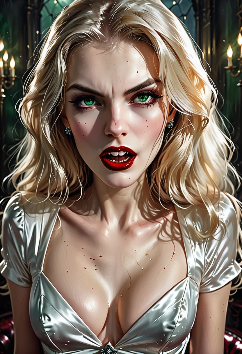 ((a photorealistic glamour shot of an exquisite, glamour female vampire: 1.5)), ultra feminine,  pale face, blond hair, long vibrant shiny hair, glamorous hair, emerald green eyes, deep  eyes, red lips,  lips, ((two visible vampiric fangs: 1.5), drops of blood dripping from the mouth, ((1950's style: 1.5)), she wears white elegant glamour dress, intricate details, the dress is studded with diamonds, tight suit,  dynamic color, high heels, dynamic background,  (highest quality:1.2, Very detailed, up to date, Vibrant, Ultra-high resolution, High Contrast, masterpiece:1.2, highest quality, Best aesthetics), best details, best quality, highres, ultra wide angle, 16k, [ultra detailed], masterpiece, best quality, (extremely detailed), Genetically modified..., Cinematic Hollywood Film, dark novel