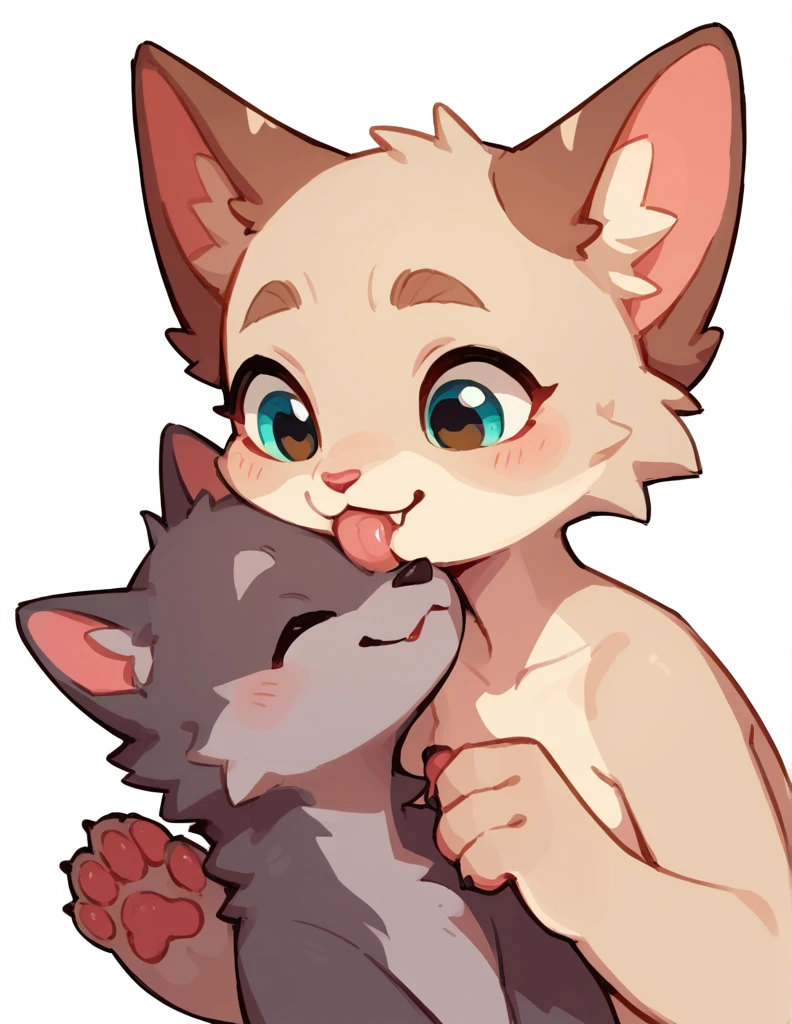 The Q version of the cute furry cat licking a furry wolf, romantic, cute, love, white background