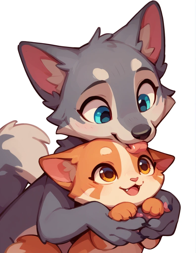 The Q version of the cute furry cat licking a furry wolf, romantic, cute, love, white background