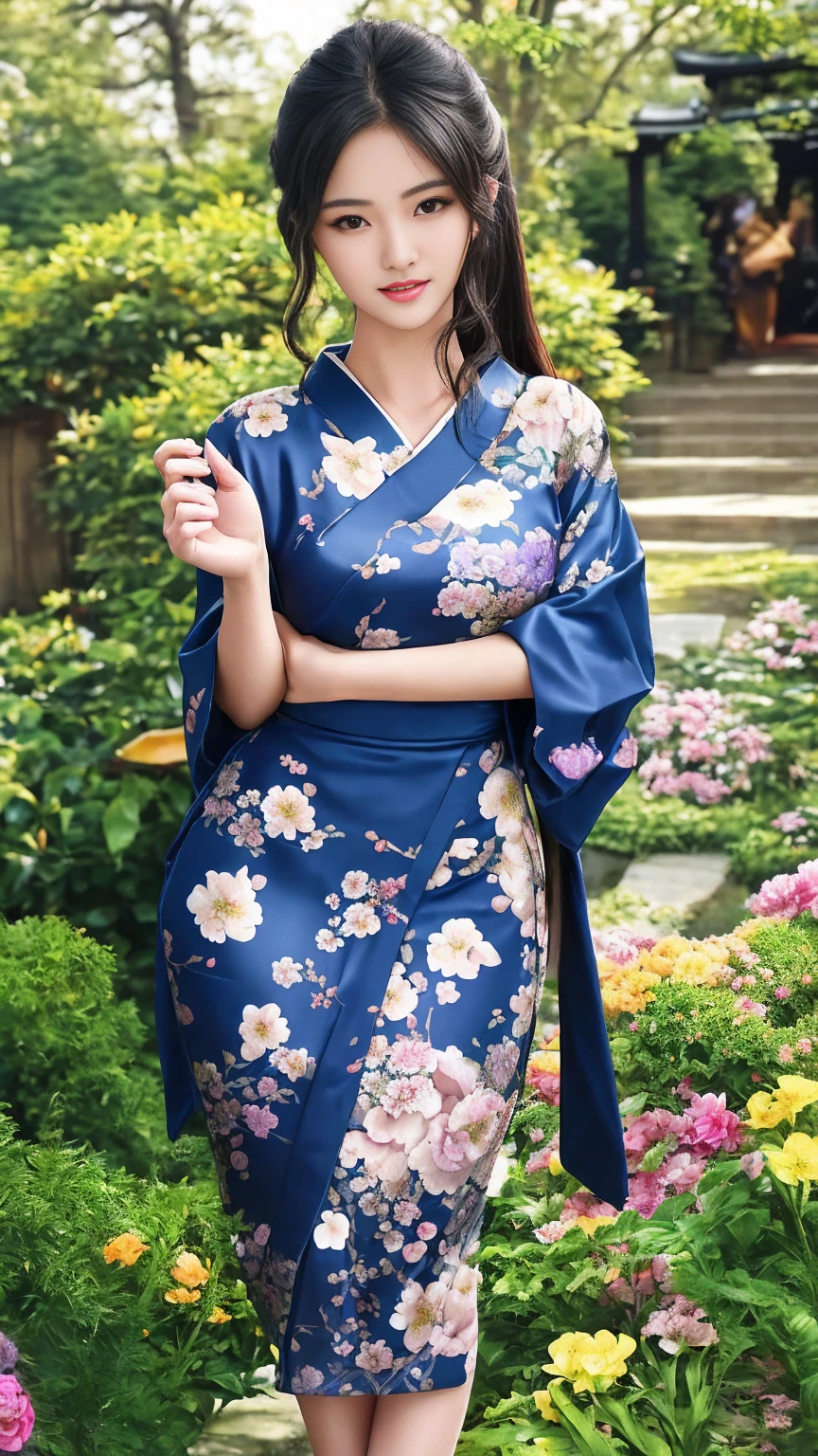 最high quality、high quality、Best image quality、8K、最High resolution、High resolution、最high quality、masterpiece、RAW Photos、whole body写真、Detailed and realistic human body、Detailed and realistic skin、Realistic face in every detail、Detailed and realistic eyes、Detailed and realistic lips、Detailed and realistic teeth、Detailed and realistic ears、Detailed and realistic hair、Realistic reproduction of every detail、((Beautiful Hands(thumb1、reference4))、Realistic feet down to the last detail、((Beautiful Japanese Girl))、(Japanese Model)、((18 year old beautiful girl))、(Black Hair)、(Random Hairstyles)、((whole body))、((Slim and perfect figure))、(Beautiful and firm breasts)、(whole body光沢肌、Fair skin)、Soft natural light、Mini Chinese Dress、Mini Kimono、Ninja costume、Japanese tradition、Japanese garden、((Colorful floral pattern(Ninja costume))、((Relax in the garden(Poses to make your thighs look beautiful))