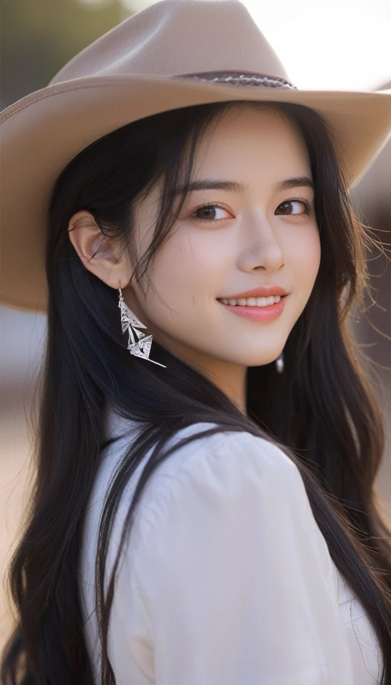 1girl,beautiful girl,cowboy shot,Fine grain, Perfect functionality, (masterpiece), (Highest quality), (good quality), Intricate details, Earrings, Ray Tracing, (See-through), (Bokeh), (Depth of written boundary), Perfect Skin, Happy,long black hair,