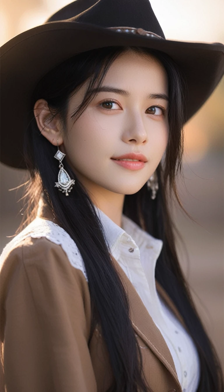 1girl,beautiful girl,cowboy shot,Fine grain, Perfect functionality, (masterpiece), (Highest quality), (good quality), Intricate details, Earrings, Ray Tracing, (See-through), (Bokeh), (Depth of written boundary), Perfect Skin, Happy,long black hair,