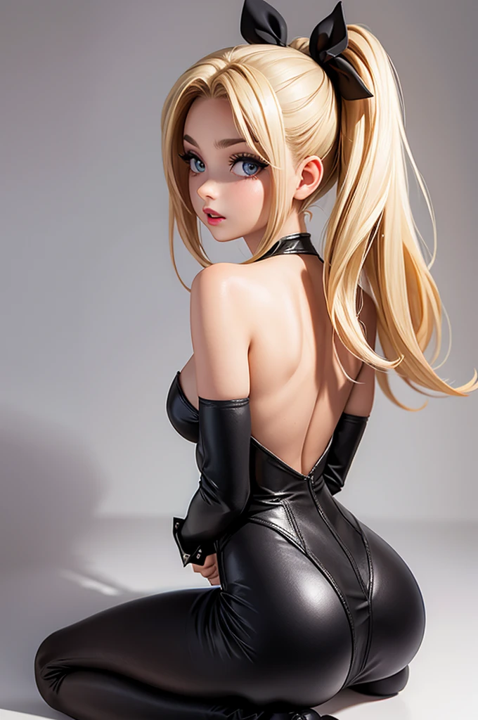 (view from behind) (kneeling) (ass closeup) hyperrealistic 14 year old american , blonde, perfect tiny body, sexy, dark makeup, perfect slim face, big red lips, very cute face, tiny body, big eyes, young looking, childish looking, double ponytail