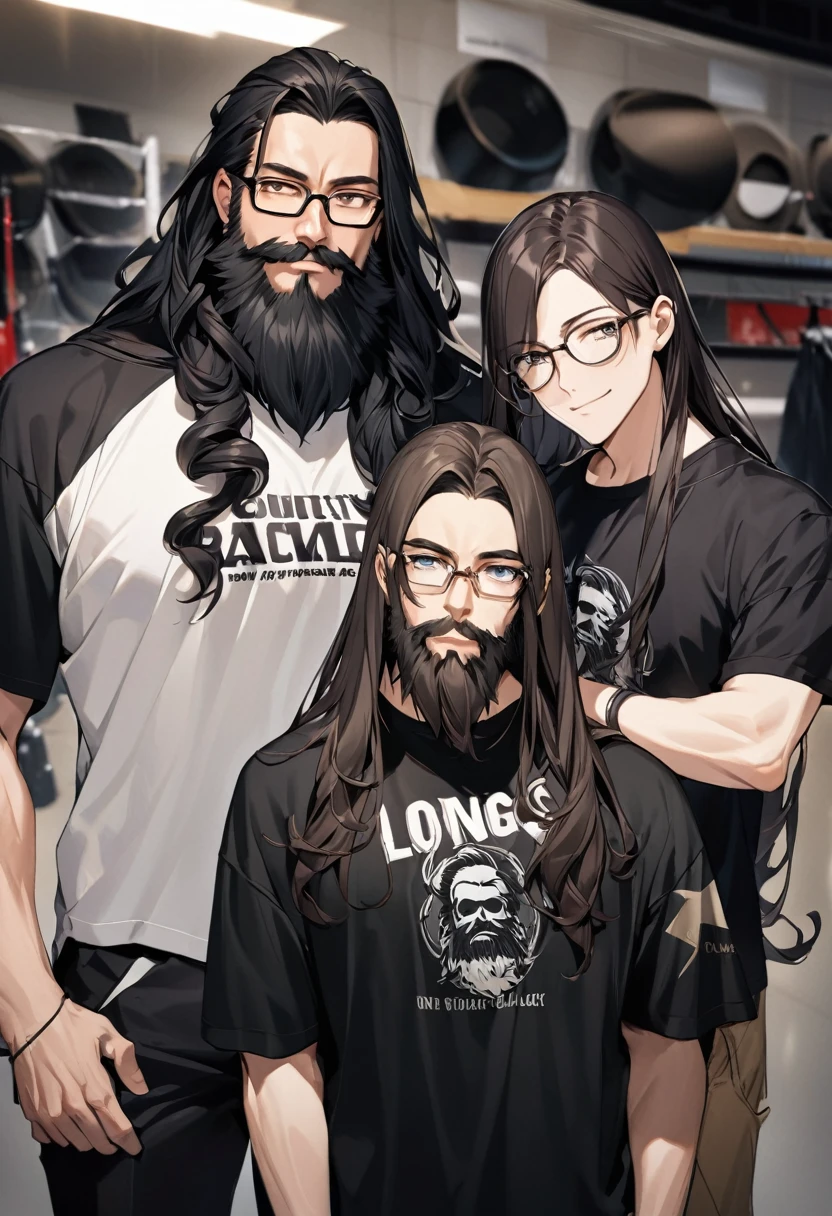 there is a man with long hair and glasses posing for a picture, with long, curly hair, longos blackquality hair ondulados e óculos, long beard, long beard, blackquality hair, black beard, band shirt, young man