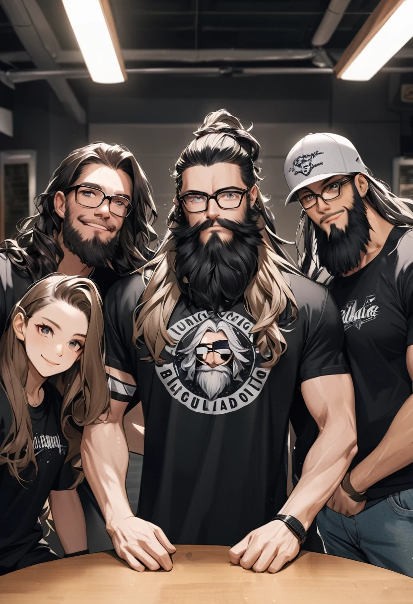 there is a man with long hair and glasses posing for a picture, with long, curly hair, longos blackquality hair ondulados e óculos, long beard, long beard, blackquality hair, black beard, band shirt, young man