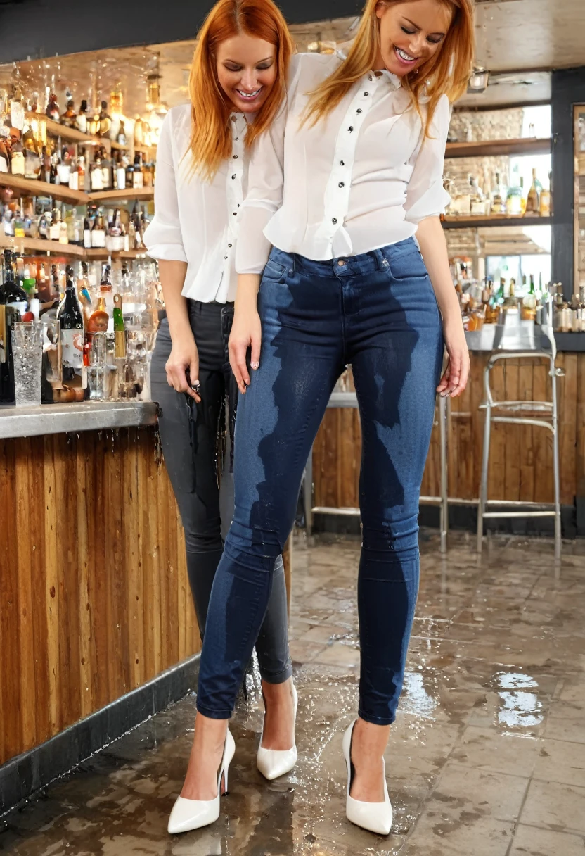 two attractive women one blonde wearing black skinny jeans one redhead wearing dark blue skinny jeans, high heel pumps, white blouse, standing in a crowded bar, wetting, big smile, pee stains are gleaming wet