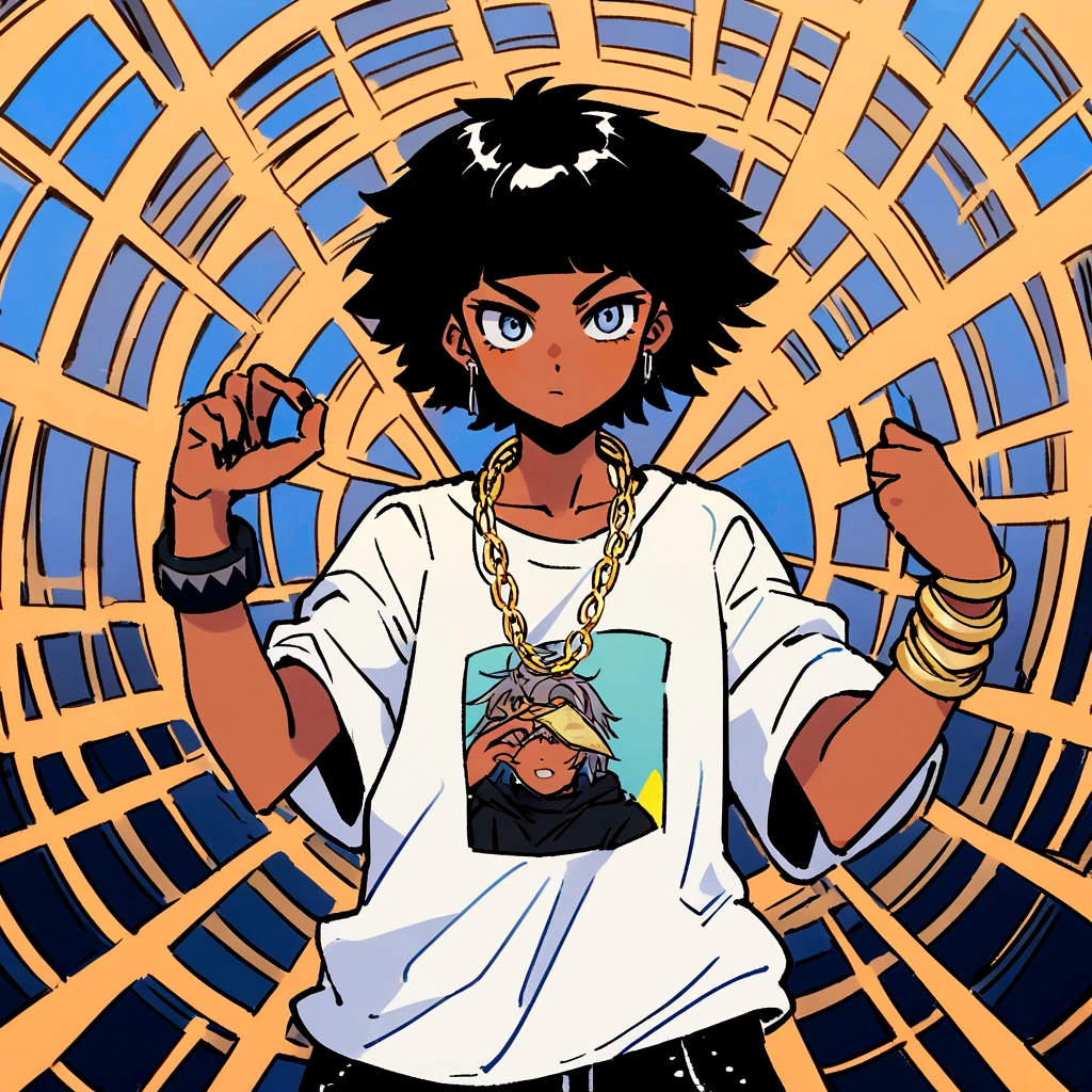Generate a round-shaped image of a young Brazilian character, member of an urban gang, not y2k style. The character is positioned looking directly through a camera, with a confident look and determined expression. He wears loose, modern clothes, like baggy pants and oversized t-shirt, characteristics of fashion at the turn of the millennium. Around the neck and wrists, he wears lots of shiny jewelry, like golden chains and bracelets. with one hand, he holds money notes, displaying a gesture of exuberance and urban style. The background of the image must be urban and contemporary, adding context to the character&#39;s style.




