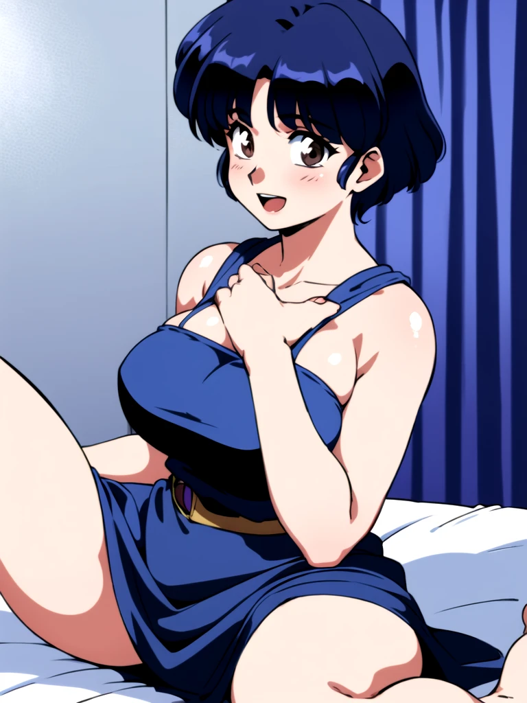 HDR, CG, sharp focus, (8k), (4k), masterpiece, best quality, detailed skin, extremely detailed, hiper detailed, sharp focus, looking at viewer, high quality, AKANE, Akane tendou, short hair, blue hair, brown eyes ,curtain pelvic DRESS, tetas grandes, bLush, solo, 1girl, lying on bed, hotel background, hands on chest, heels, black dress, smile,  open mouth, 