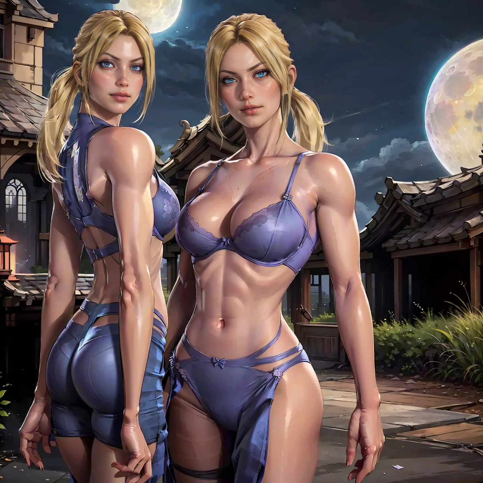 nina2, ((long blonde hair, ponytail, bangs, glowing blue eyes, makeup, narrow waist, skinny, medium breasts)), pelvic curtain, ((blue panties, blue bra)), full body, perfect body, (insanely detailed, beautiful detailed face, masterpiece, best quality) , (((solo))), (((1girl))), (((mature))), (extremely detailed 8k paper CG wall unit: 1.1), (moon, fullmoon, temple), (smile face for the viewer), ass, looking back, from behind,