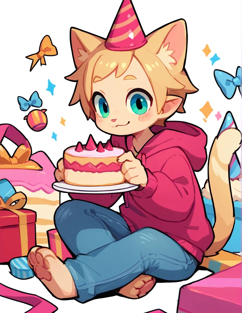 The Q version of the cute furry cat, holding a birthday cake, sitting, cute smile, happy, cute, pointy hair, male cat, party hat, hoodie, jeans, white background 