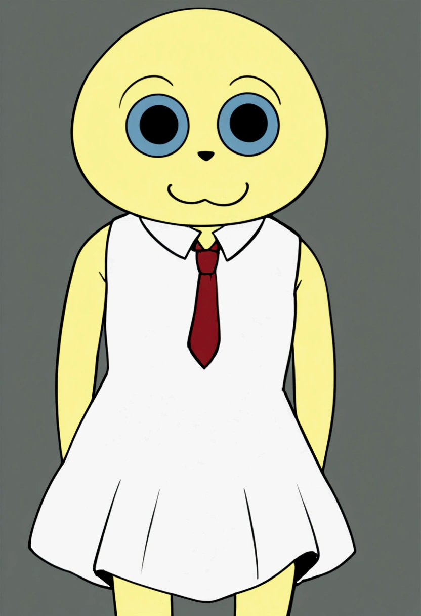 1 young boy, :3, blue colored eyes, collared chemise, cosplay, gazing at viewer, male focus, sin humanos, gaping mouth, parody, red necktie, chemise, ssmile, standing alone, Bob Esponja, standing, ever forward, style parody, teeth white chemise, yellow skin