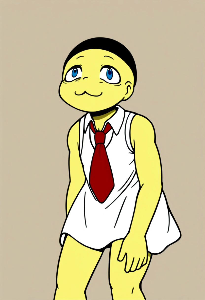 1 young boy, :3, blue colored eyes, collared chemise, cosplay, gazing at viewer, male focus, sin humanos, gaping mouth, parody, red necktie, chemise, ssmile, standing alone, Bob Esponja, standing, ever forward, style parody, teeth white chemise, yellow skin