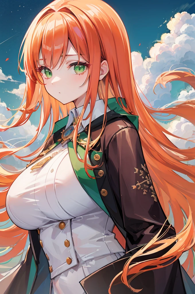 (masterpiece, highest quality:1.2), highest quality, masterpiece, high resolution, Anime style, portraiture, long hair, ash ginger hair, redhead hair, oversized coat, right green eyes, ((big breasts, huge breasts, large breasts, ample breasts)), magic, magic square, magician, almond-shaped eyes