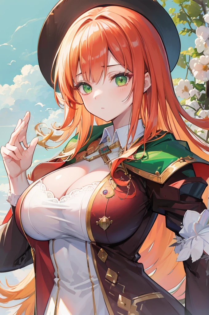 (masterpiece, highest quality:1.2), highest quality, masterpiece, high resolution, Anime style, portraiture, long hair, ash ginger hair, redhead hair, oversized coat, right green eyes, ((, , large , ample )), magic, magic square, magician, almond-shaped eyes