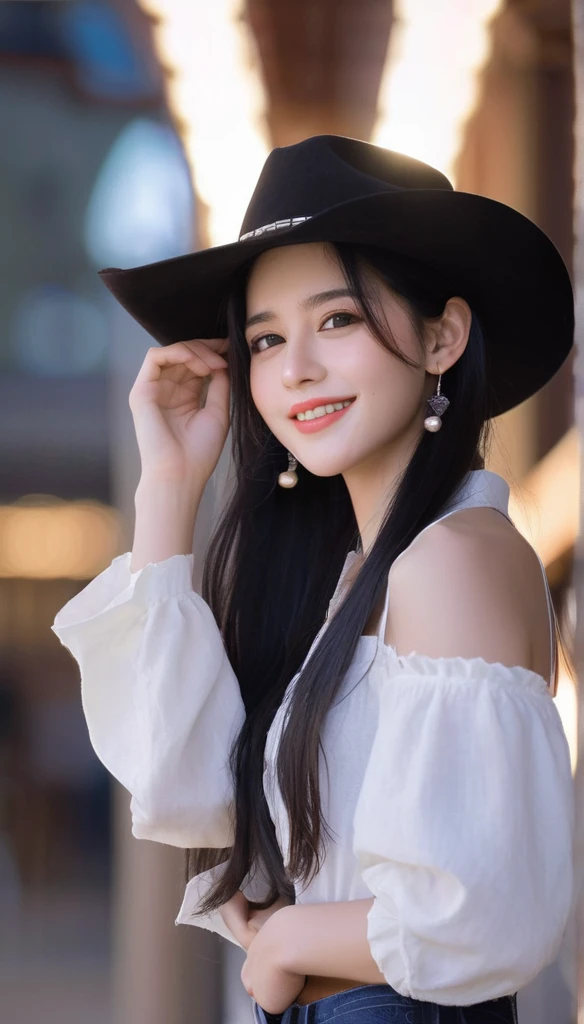1girl,beautiful girl,cowboy shot,Fine grain, Perfect functionality, (masterpiece), (Highest quality), (good quality), Intricate details, Earrings, Ray Tracing, (See-through), (Bokeh), (Depth of written boundary), Perfect Skin, Happy,long black hair,