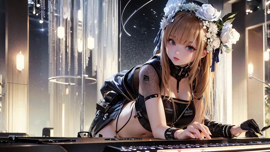 Ultra HD、super high quality、8K、Genuine、Perfect CG、The location is a dimly lit DJ booth...、Beautiful Russian woman in a swimsuit DJing with headphones。Synthesizers and equipment lined up、she is attractive、Has a flower tattoo.