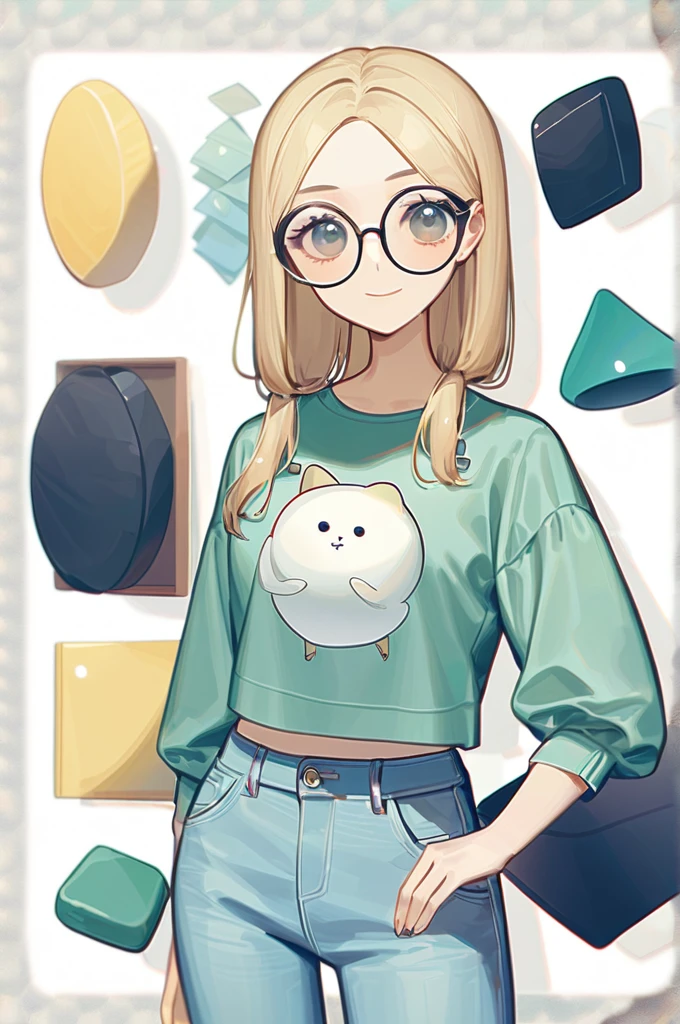 ((Лучшее качество)), ((шедевр)), (подробный), girl, height 160, medium-sized shapes, blonde straight hair, hairstyle in a square, in a top and jeans, transparent round glasses