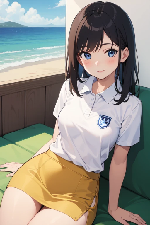 ((best quality)), ((masterpiece)), (detailed), 1girl, sexy1 person、middle School girls、White polo shirt、mini skirt、Black Hair Semi-Long、White collar、Short sleeve、smile、Brown Skin、An illustration,